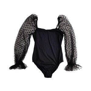 Black Polka Dot Sheer Mesh Puff Sleeve Bodysuit Square Neck Ruffle Cuff